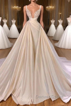 Chic A Line Sleeveless Spaghetti Strap Cathedral V Neck Long Wedding Dresses