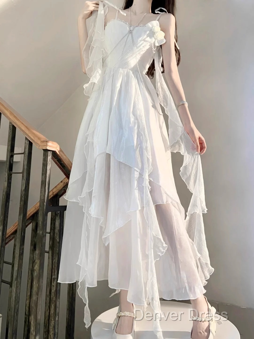 Chic A Line Spaghetti Straps Chiffon White Ankle Length Birthday Dresses Birthday Outfits