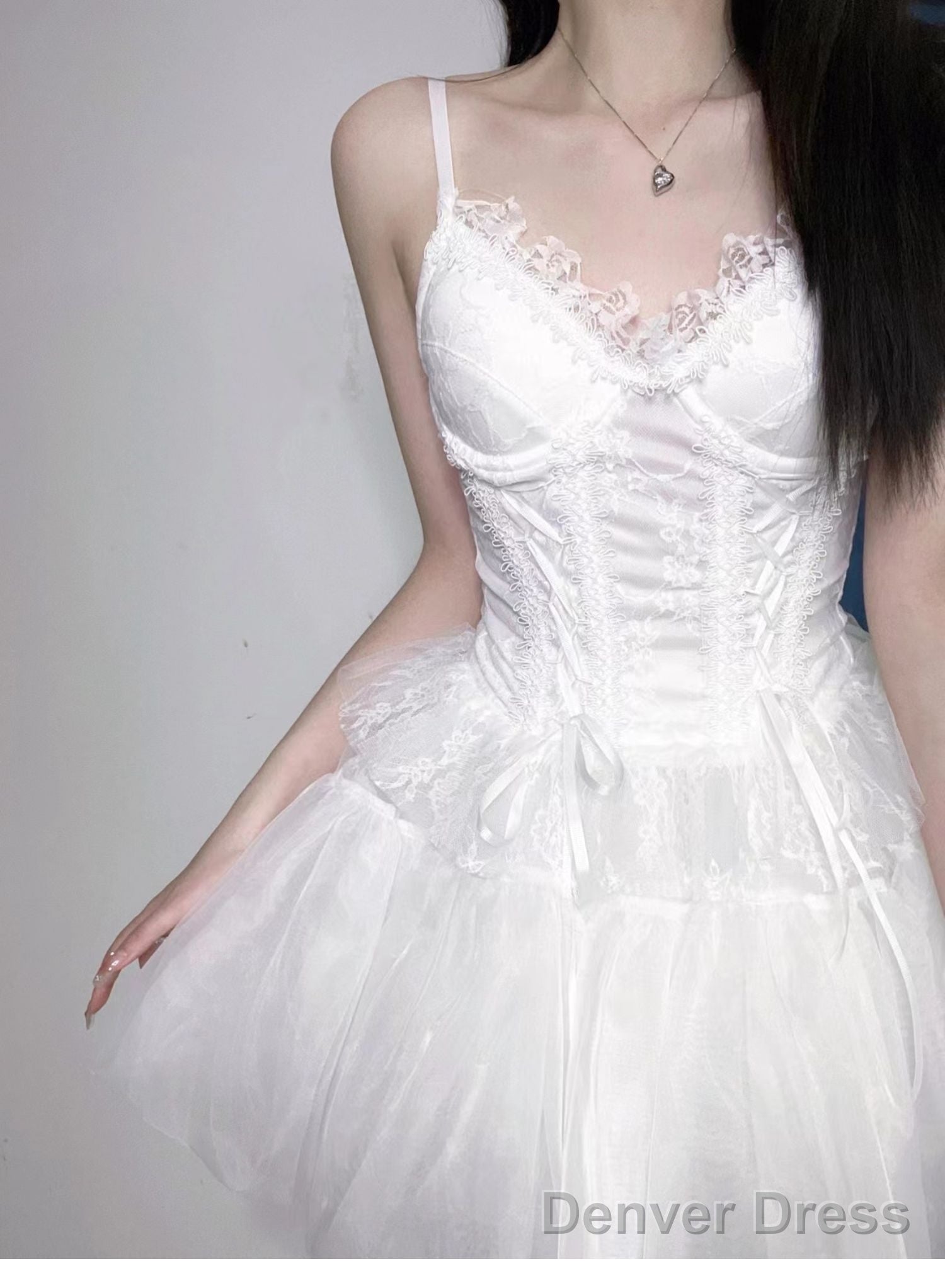 Chic A Line Spaghetti Straps White Lace Prom Dress Birthday Dresses Birthday Outfits