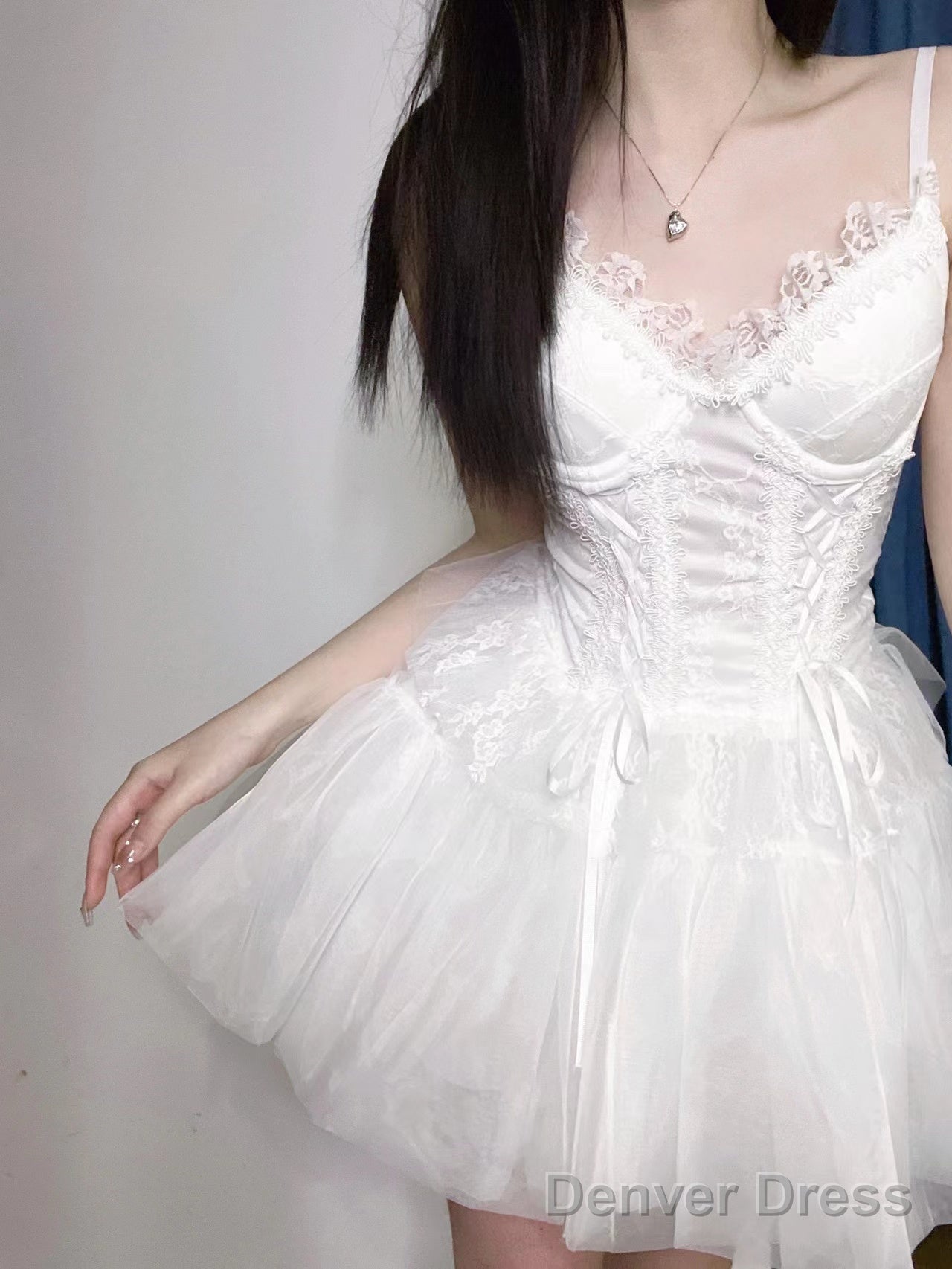 Chic A Line Spaghetti Straps White Lace Prom Dress Birthday Dresses Birthday Outfits