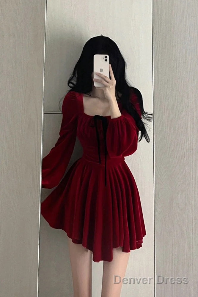 Chic A Line Square Neckline Long Sleeves Red Velvet Prom Dress Birthday Dresses Birthday Outfits