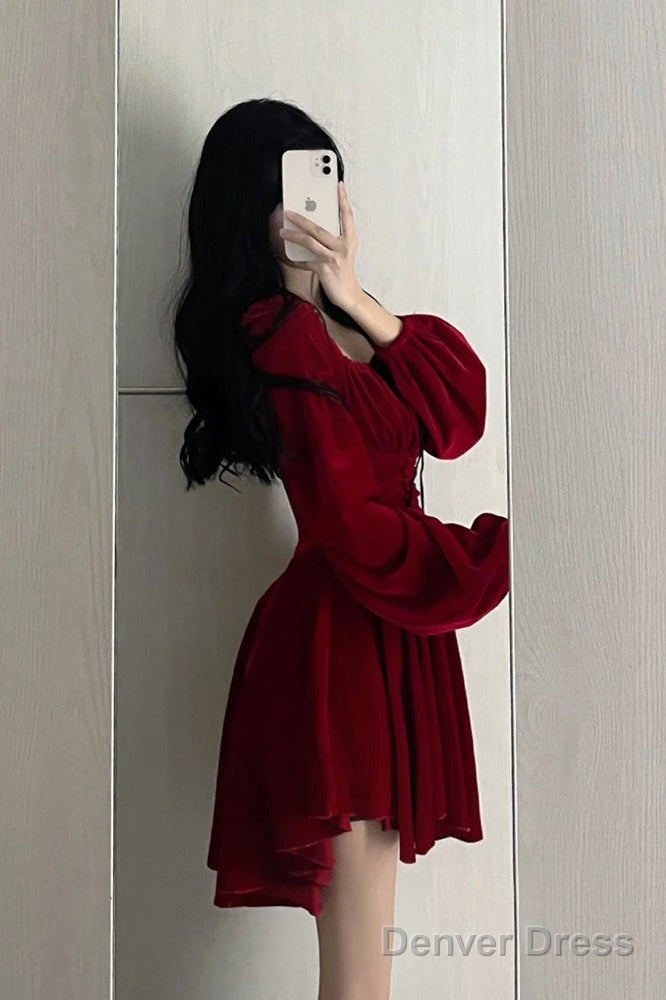 Chic A Line Square Neckline Long Sleeves Red Velvet Prom Dress Birthday Dresses Birthday Outfits