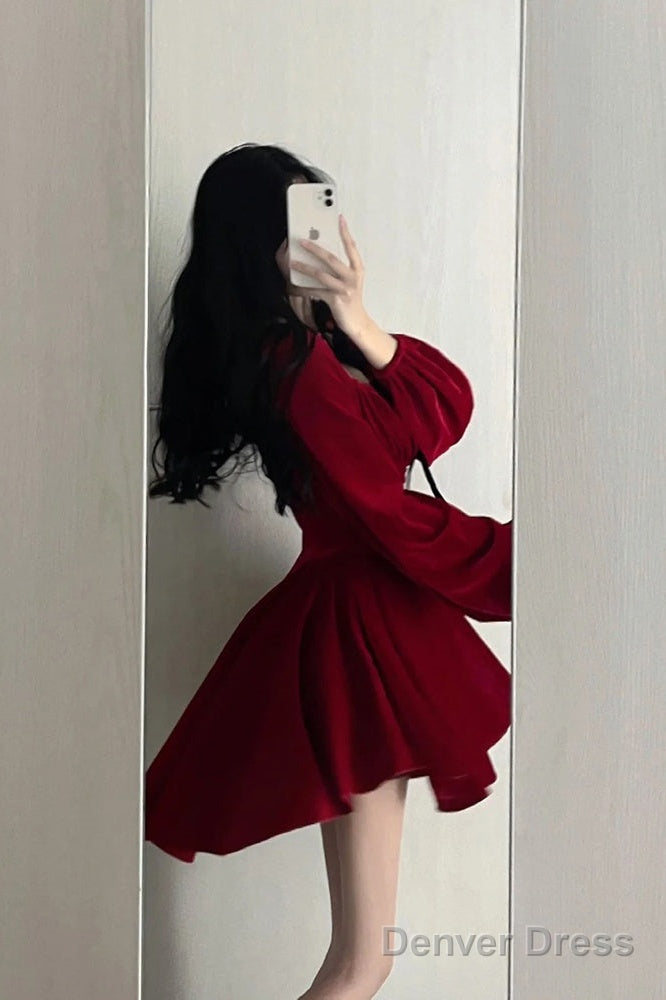 Chic A Line Square Neckline Long Sleeves Red Velvet Prom Dress Birthday Dresses Birthday Outfits