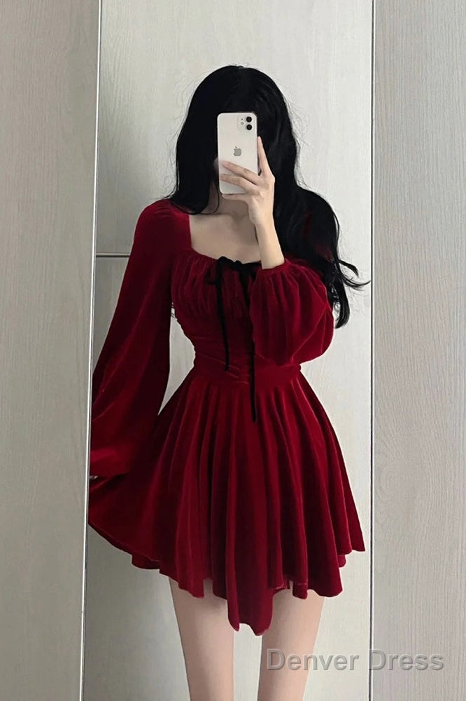 Chic A Line Square Neckline Long Sleeves Red Velvet Prom Dress Birthday Dresses Birthday Outfits Main image