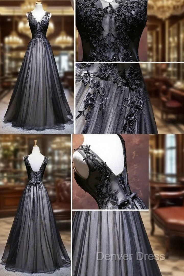 Chic A-Line V-Neck Floor Length Tulle Black Applique Long Prom Dresses Evening Dresses Main image