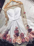 Chic A-Line V Neck Hand-Made Flower Homecoming Dress Unique Short Dress Long Sleeve Homecoming Dresses