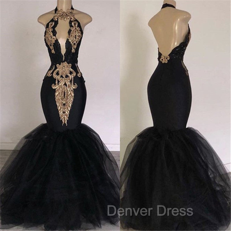 Chic Backless Prom Dresses with Gold Appliques Mermaid Halter Evening Gowns with Keyhole Secondary image