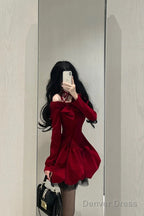 Chic Ball Gowns Long Sleeves Red Velvet Prom Dress Birthday Dresses Birthday Outfits