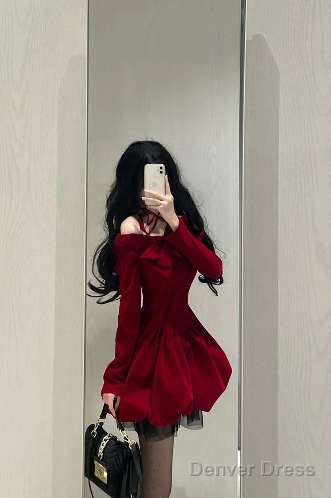 Chic Ball Gowns Long Sleeves Red Velvet Prom Dress Birthday Dresses Birthday Outfits