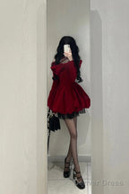 Chic Ball Gowns Long Sleeves Red Velvet Prom Dress Birthday Dresses Birthday Outfits