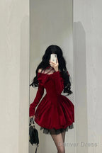 Chic Ball Gowns Long Sleeves Red Velvet Prom Dress Birthday Dresses Birthday Outfits