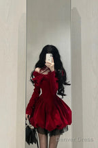 Chic Ball Gowns Long Sleeves Red Velvet Prom Dress Birthday Dresses Birthday Outfits