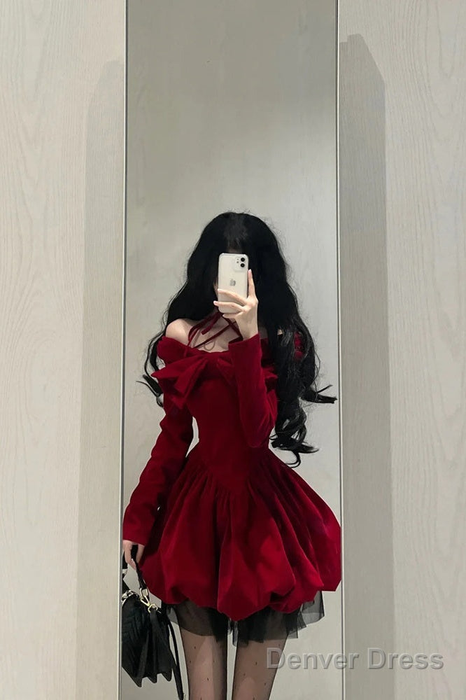 Chic Ball Gowns Long Sleeves Red Velvet Prom Dress Birthday Dresses Birthday Outfits Main image