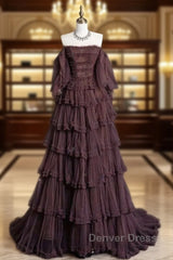 Chic Ball Gown Off The Shoulder Long Sleeves Evening Dresses Tulle Long Prom Dresses