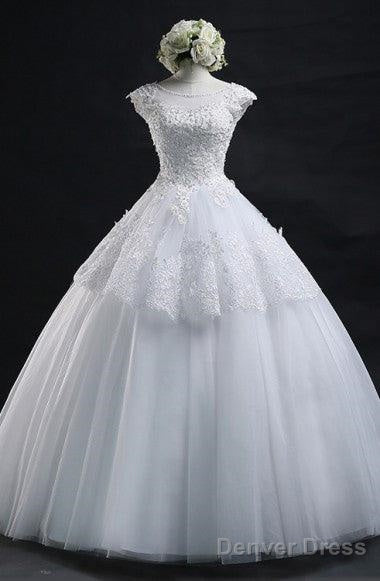 Chic Ball Gowns Scoop Long Lace Up Tulle Wedding Dresses With Appliques