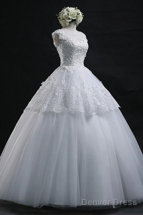 Chic Ball Gowns Scoop Long Lace Up Tulle Wedding Dresses With Appliques