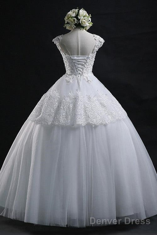 Chic Ball Gown Scoop Long Lace-Up Tulle Wedding Dress With Appliques