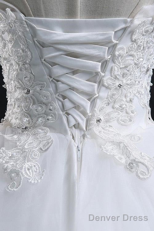 Chic Ball Gowns Scoop Long Lace Up Tulle Wedding Dresses With Appliques