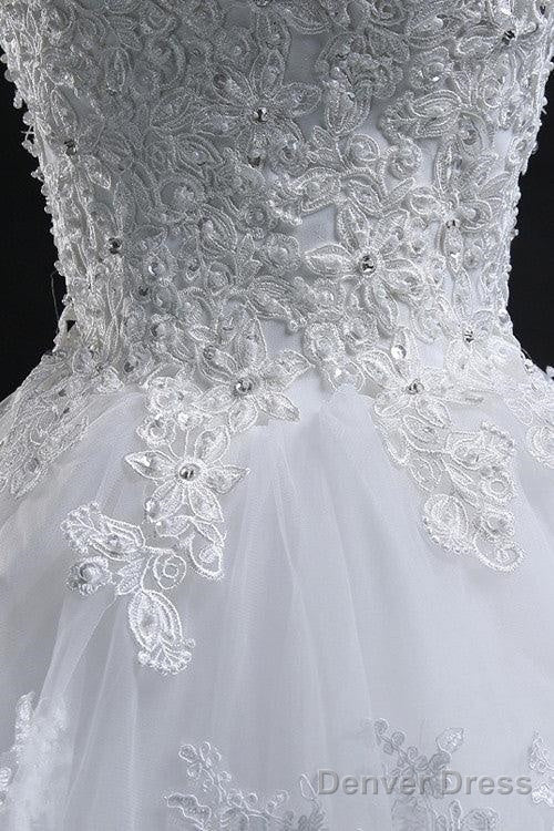 Chic Ball Gowns Scoop Long Lace Up Tulle Wedding Dresses With Appliques