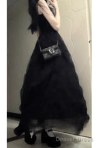 Chic Ball Gown Spaghetti Straps Black Tulle Long Birthday Dresses Birthday Outfits