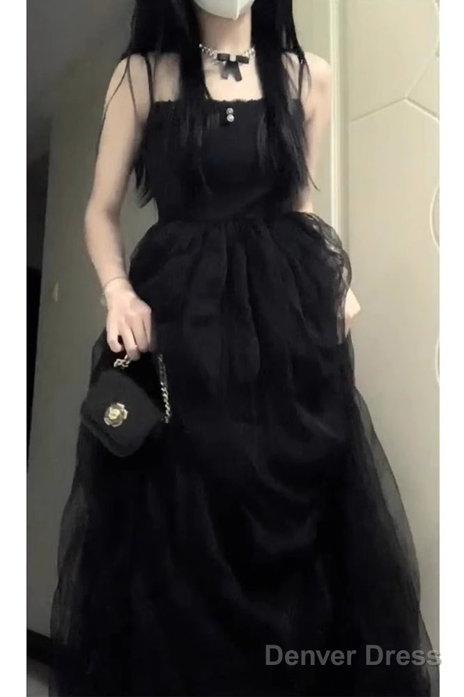 Chic Ball Gown Spaghetti Straps Black Tulle Long Birthday Dresses Birthday Outfits Main image