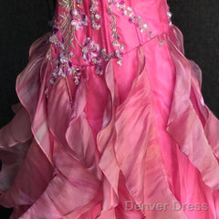 Chic Ball Gown Spaghetti Straps Pink Satin Evening Dress Long Prom Dresses With Embroidered