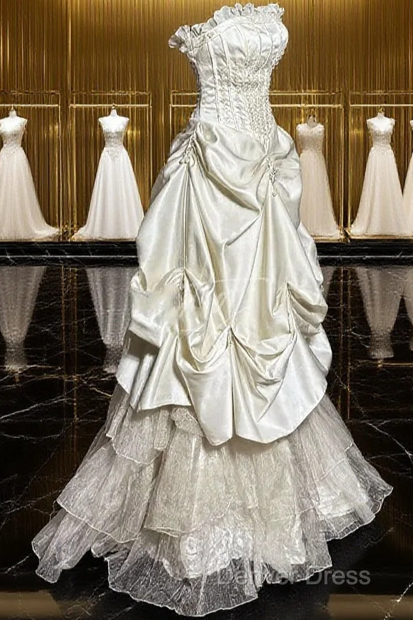 Chic Ball Gown Strapless Taffeta Ivory Long Wedding Dresses Bridal Dresses