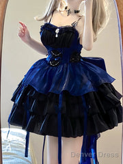 Chic Ball Gown Straps Royal Blue Organza Short Lolita Dresses Party Dress Birthday Outfits