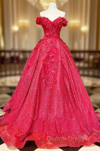 Chic Ball Gown V Neck Beads Appliques Red Off-the-Shoulder Long Quinceanera Dresses With Petticoat