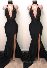Chic Black High Neck Lace Front Split Mermaid Prom Party Gowns