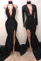 Chic Black High Neck Lace Front Split Mermaid Prom Gown