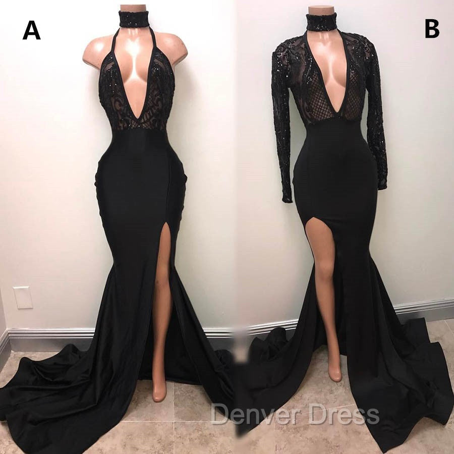 Chic Black High Neck Lace Front Split Mermaid Prom Gown