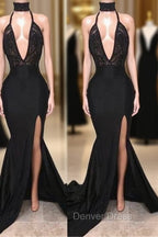 Chic Black High Neck Lace Front Split Mermaid Prom Gown