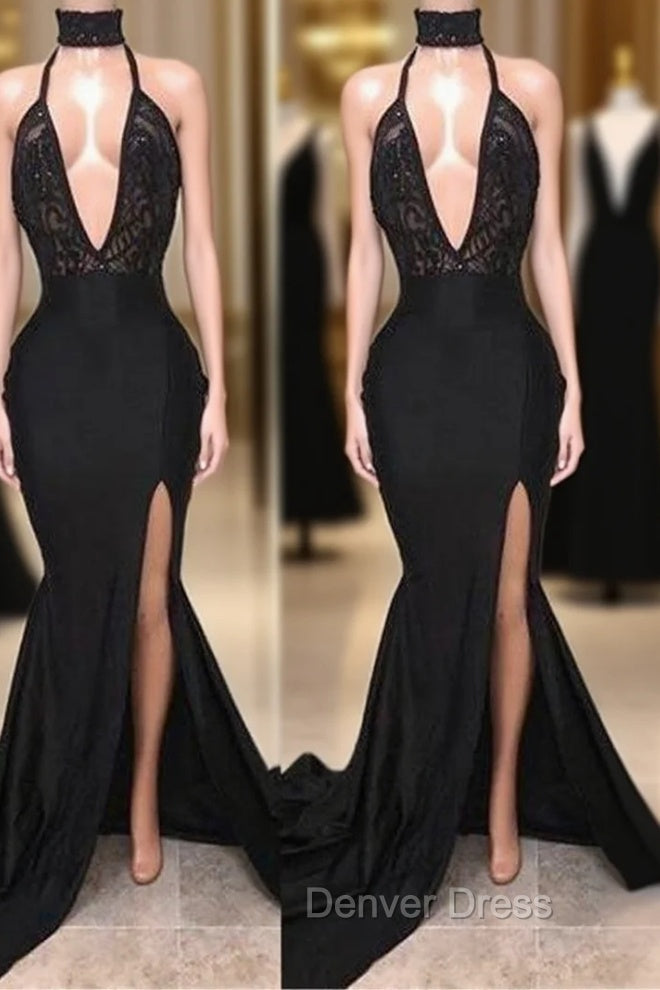 Chic Black High Neck Lace Front Split Mermaid Prom Gown