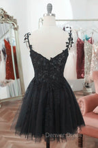Chic Black Lace Straps Tulle Short Prom Drss, Black Sweetheart Homecoming Dresses