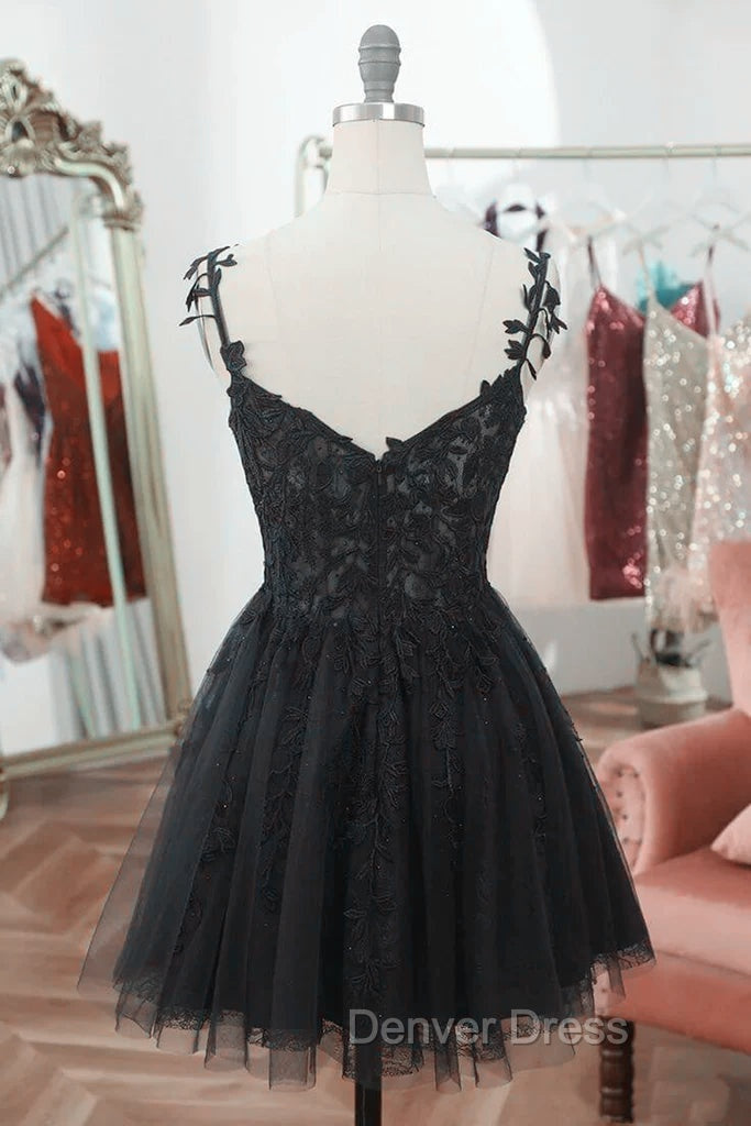 Chic Black Lace Straps Tulle Short Prom Drss, Black Sweetheart Homecoming Dresses