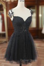 Chic Black Lace Straps Tulle Short Party Drss, Black Sweetheart Homecoming Dresses
