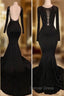 Chic Black Mermaid Prom Party GownsLong Sleeves With Lace Appliques