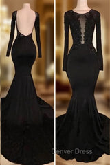 Chic Black Mermaid Prom Party GownsLong Sleeves With Lace Appliques