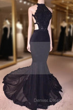 Chic Black Open Back Lace Prom Dresses Sleeveless See Through Tulle Prom Gowns