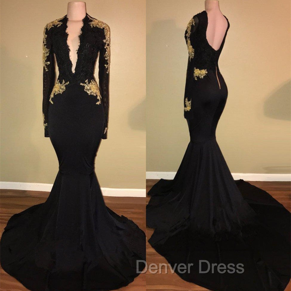 Chic Black prom Dress Mermaid Long Sleeves Prom Dresses