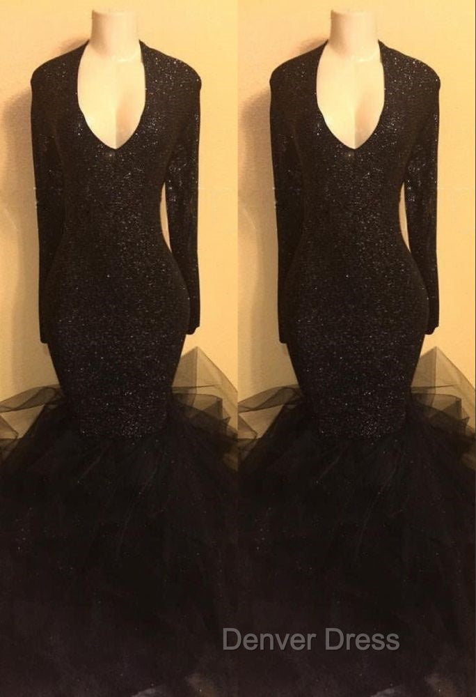 Chic black sequins prom Dress, ruffles Prom Dresses