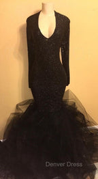 Chic black sequins prom Dress, ruffles Prom Dresses