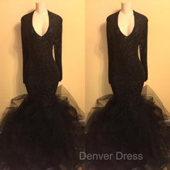 Chic black sequins prom Dresses, ruffles evening Dresses