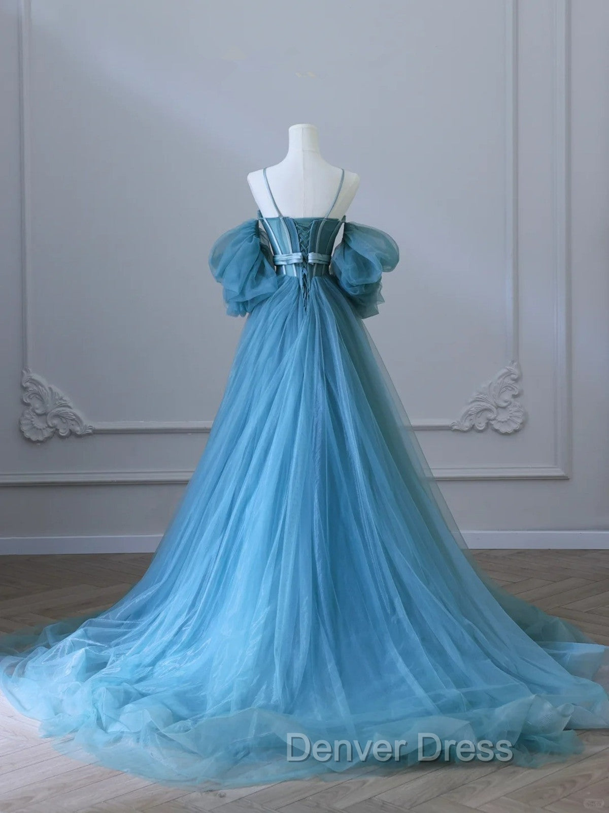 Chic Blue Sweetheart Straps Off Shoulder Tulle Formal Dresses, Blue Prom Dresses Secondary image