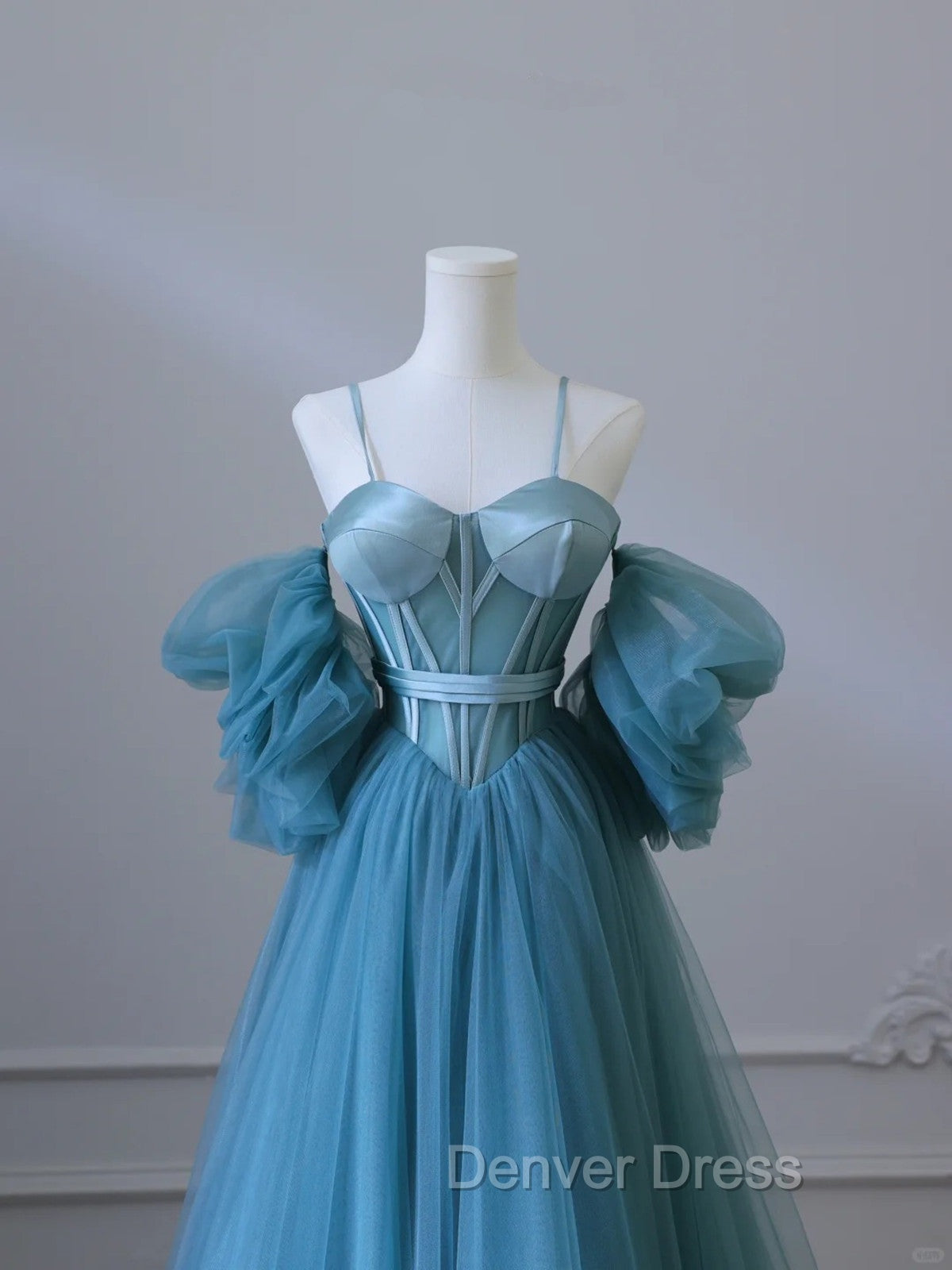 Chic Blue Sweetheart Straps Off Shoulder Tulle Formal Dresses, Blue Prom Dresses