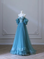 Chic Blue Sweetheart Straps Off Shoulder Tulle Prom Dress, Blue Prom Dresses
