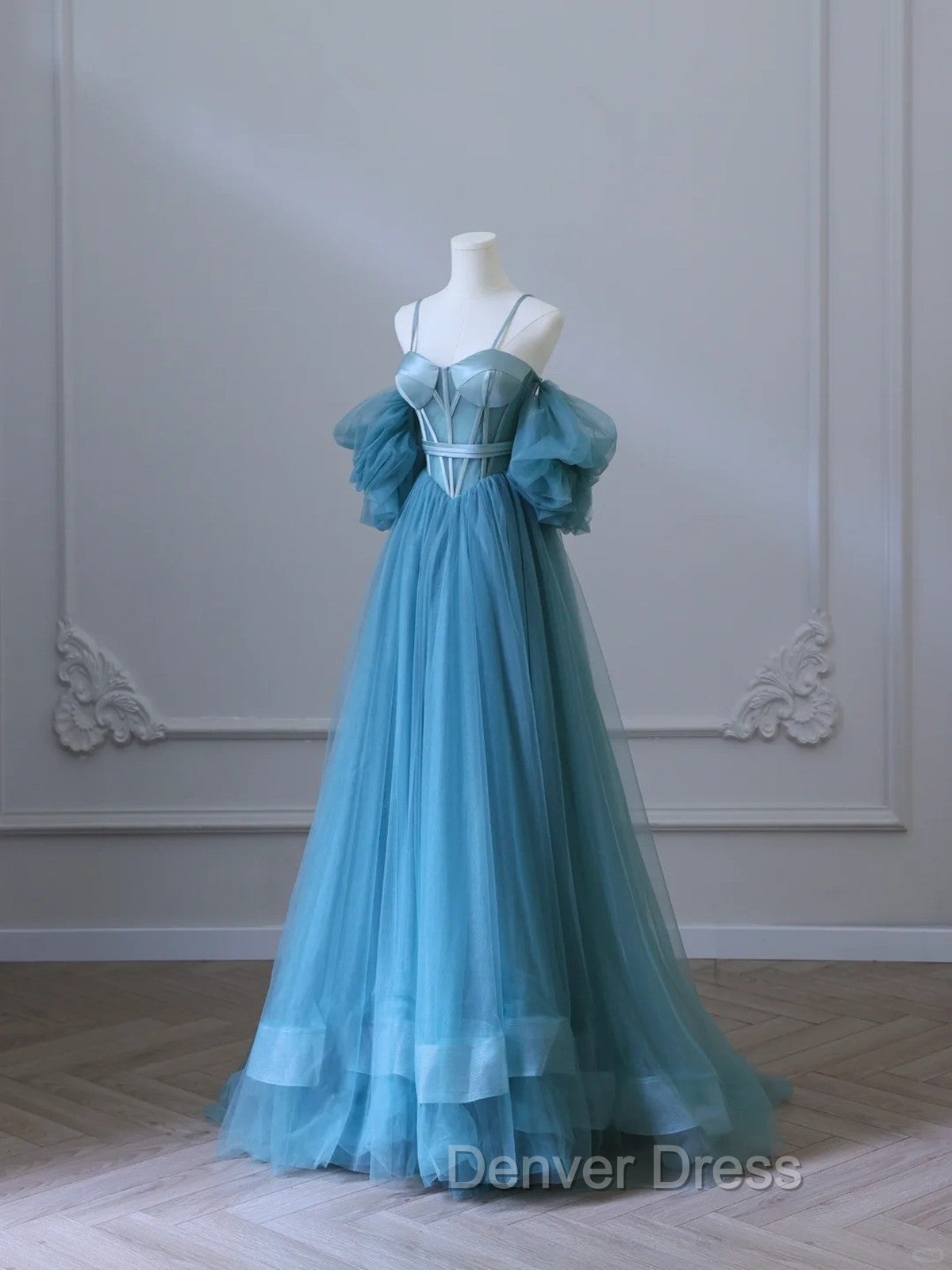 Chic Blue Sweetheart Straps Off Shoulder Tulle Prom Dress, Blue Prom Dresses