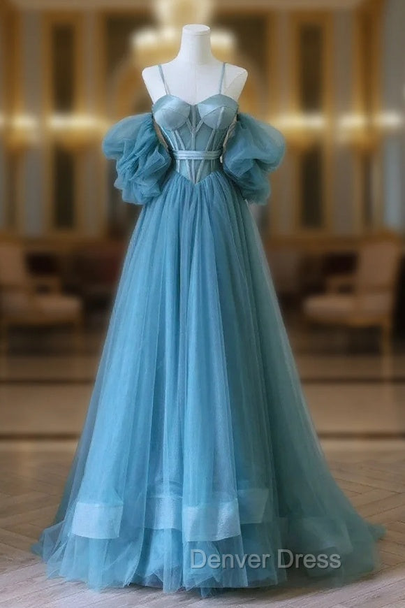Chic Blue Sweetheart Straps Off Shoulder Tulle Formal Dresses, Blue Prom Dresses