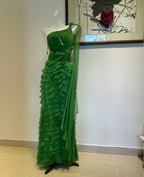 Chic Dark Green One-Shoulder Layered Ruffle Chiffon Long Prom Dresses Evening Dresses